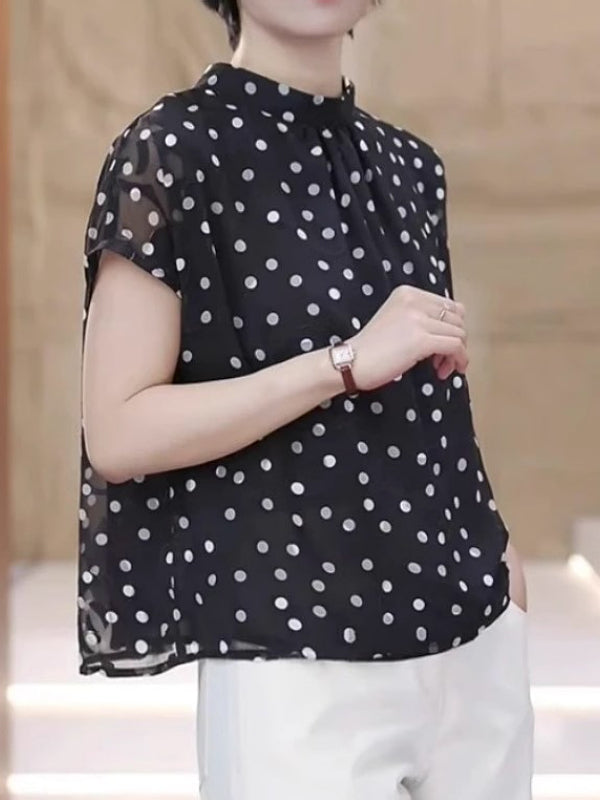 Qadınlar üçün Böyük Ölçülü Fransız Üslublu Geri Dönən Polka Nöqtəli Köynək, Yeni Yay Modeli, Arıqladıcı Dizayn, Qəşəng Qısaqol Top