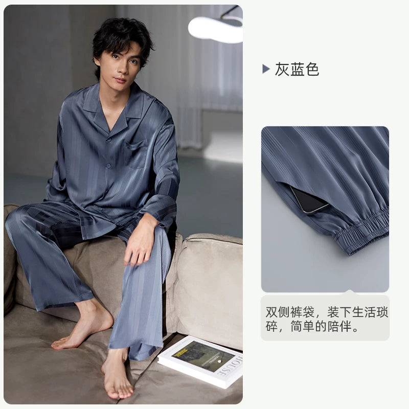 Yuenei kişi pijama yaz və payız buz ipək uzunqol ev paltarları kişi ipək imitasiya ipək yay nazik stil yüksək-end