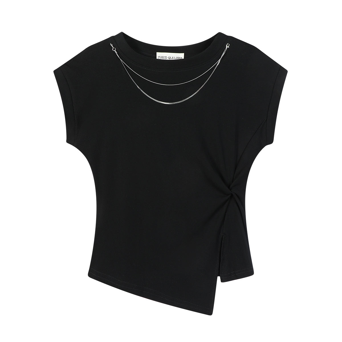 Cholisa-nın özünəməxsus zəncir dizaynı, çiyinləri açılan qollar, qeyri-bərabər düyün, qadınlar üçün yüksək keyfiyyətli qısaqol köynək, yay.