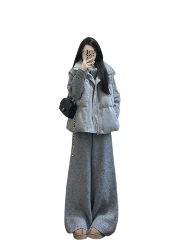A sleek and lazy three-piece set in Korean style: a stand-up collar vest, a collared cardigan, and gray wide-leg pants.