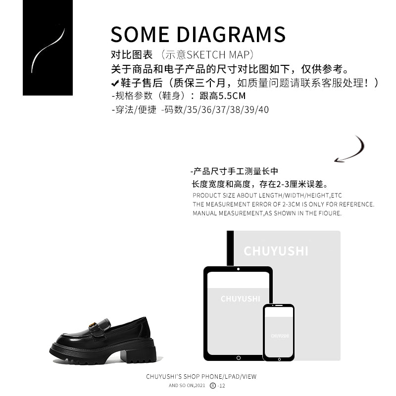 CHUYUSHI Camellia Love ~ Kiçik Qızılı Sikkə Tokaları ilə Qara Platformalı Loferlər, Qadınlar üçün Britaniya Üslubu