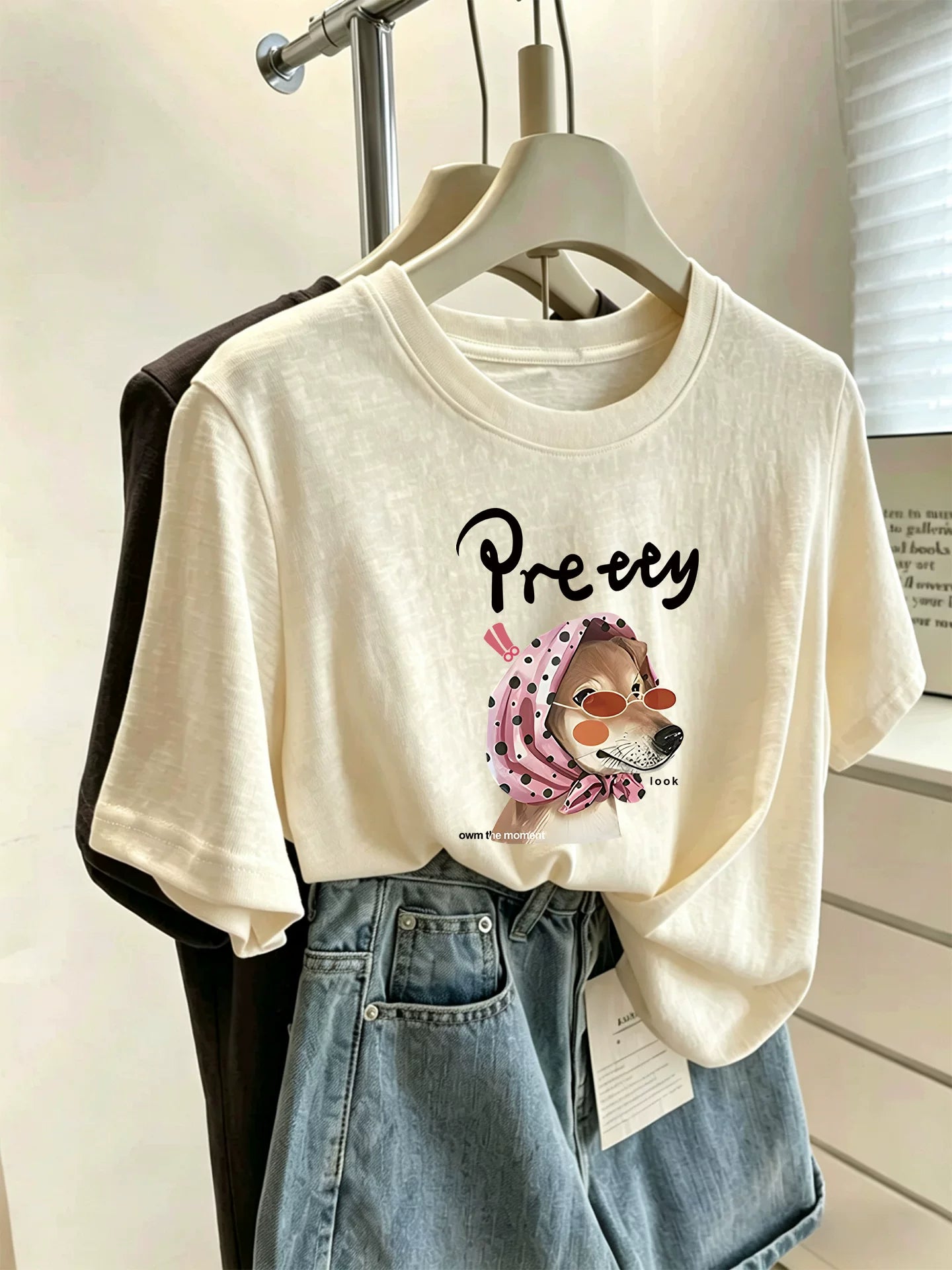 Qadınlar üçün erkən yay qar dənəciyi pambıq qısaqol köynək, dəyirmi boyun, adi universal dizayn, xarici stil üst, alt köynək, gediş-gəliş