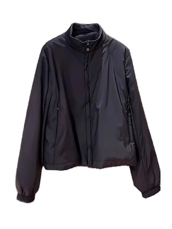 Qara rəngli, ayaq üstə duran yaxalıqlı, yüngül pambıq palto, 2026 payız/qış yeni dəbdə, böyük ölçüdə, boş gündəlik qısa top.