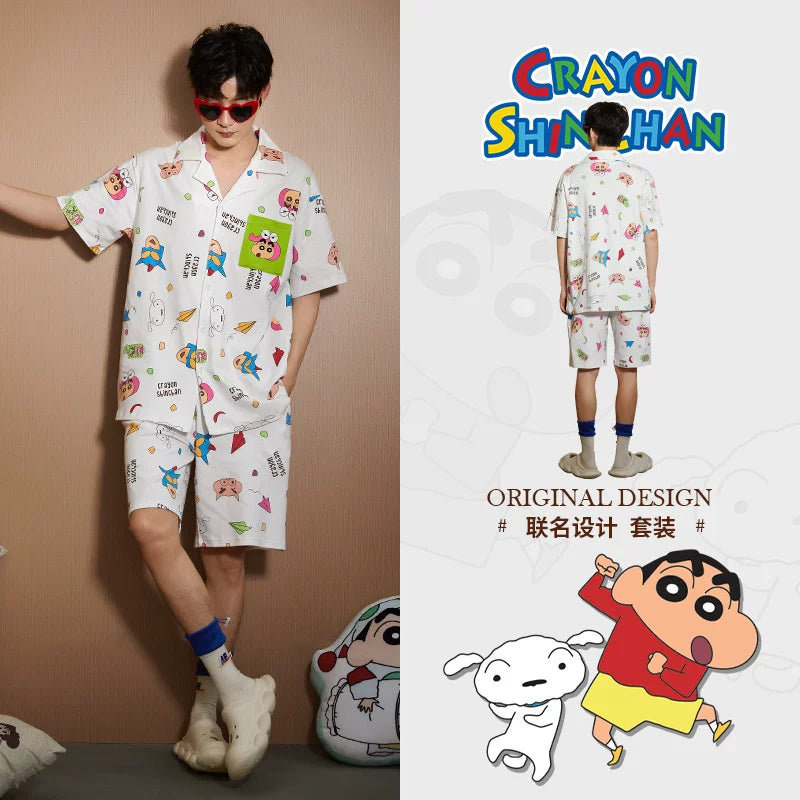 Gongdie [3 parça dəst] Qadınlar üçün Crayon Shin-chan cüt pijama, təmiz pambıq yay qısaqol şalvar, kişi ev geyimi dəsti