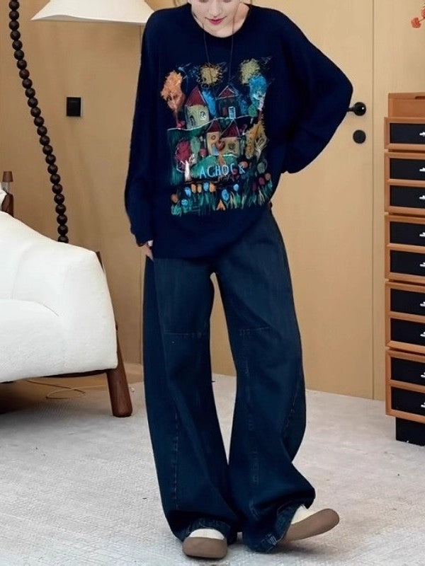 Qadınlar üçün Amerika üslubunda rəngarəng qrafiti naxışlı uzunqol futbolka, yeni 2026-cı ilin yazı, böyük ölçüdə, şık dizaynlı geniş üst hissə.