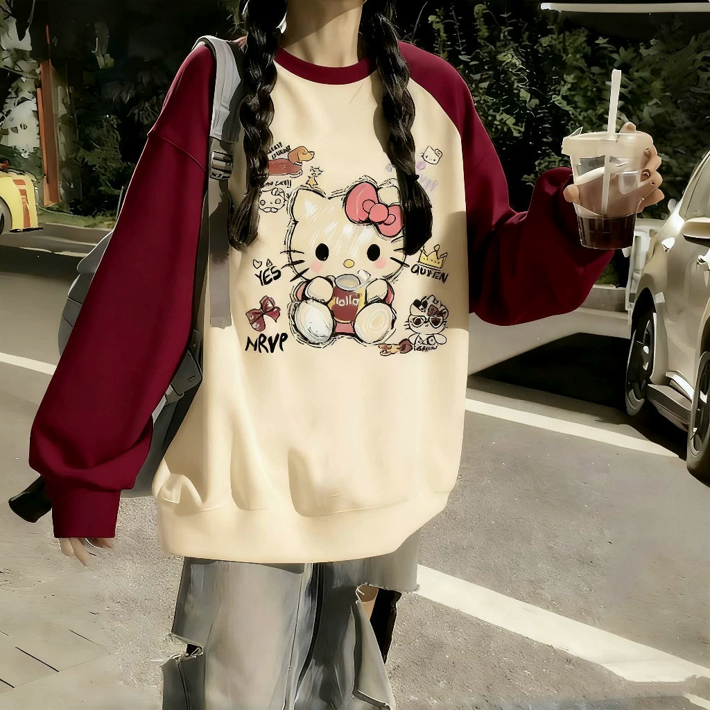 Qızlar üçün sviter, yeni yaz və payız model, dairəvi yaxalıq, geniş forma, rəng bloklayıcı, əsas qat, qış üçün flis astarlı köynək.