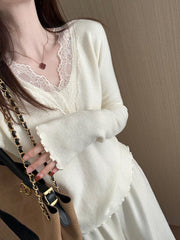 Qadınlar üçün sadə rəngli V-formalı krujeva əsas qatlı top, 2025 payız yeni Koreya üslubunda sadə üslublu daxili qatlı top.