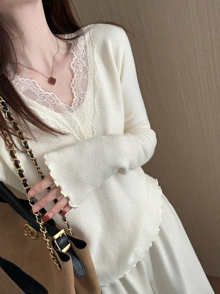 Qadınlar üçün sadə rəngli V-formalı krujeva əsas qatlı top, 2025 payız yeni Koreya üslubunda sadə üslublu daxili qatlı top.