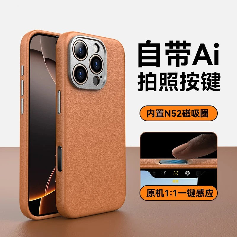 [Daxili süni intellektlə işləyən kamera çekim düyməsi] Apple iPhone 17 Pro Max dəri maqnit telefon korpusu, iPhone 16 Pro yüksək keyfiyyətli dəri qoruyucu korpus, düşməyə davamlı orijinal dəri, 16p simsiz şarj ilə uyğun gəlir.