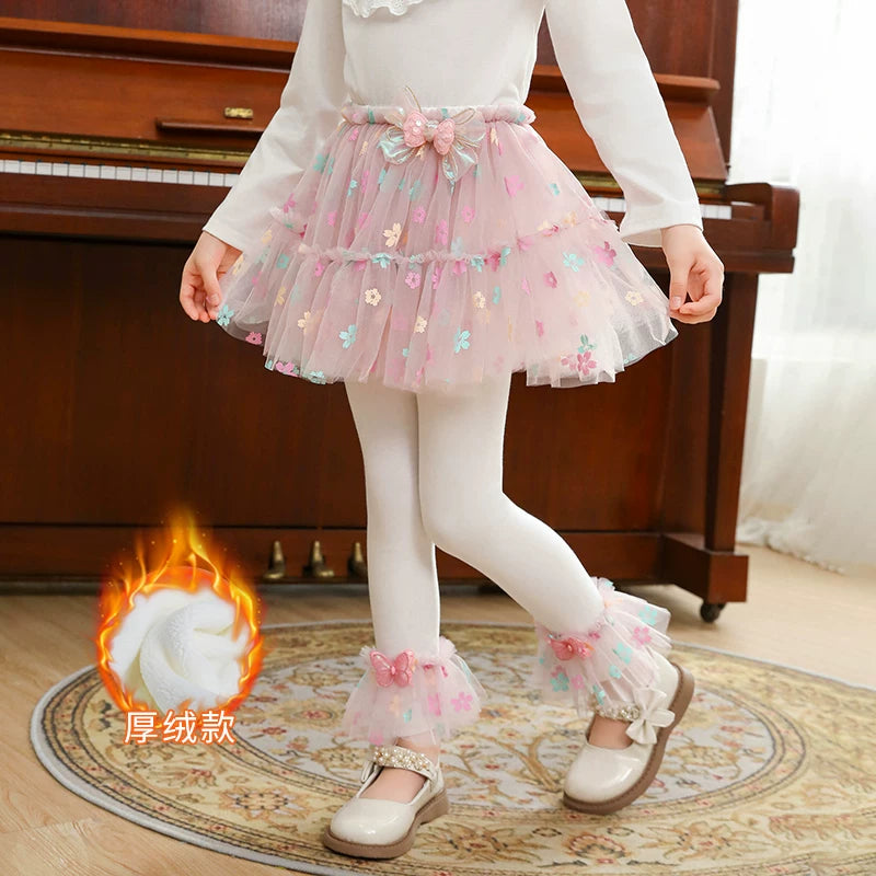 Qızlar üçün bir hissəli ətək şalvarları, 2025-ci ilin yaz və payız mövsümü üçün yeni model uşaq qış geyimləri, flis astarlı, süni iki hissəli leqinslər, ağ, çöldə geyinmək üçün.