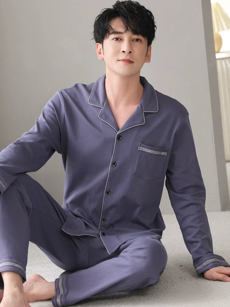 Langsha Kişilər üçün Təmiz Pambıq Pijama 2025 Yeni Yaz və Payız Nazik Uzunqollu Böyük Ölçülü Payız və Qış Kişilər üçün Ev Geyimləri Dəsti