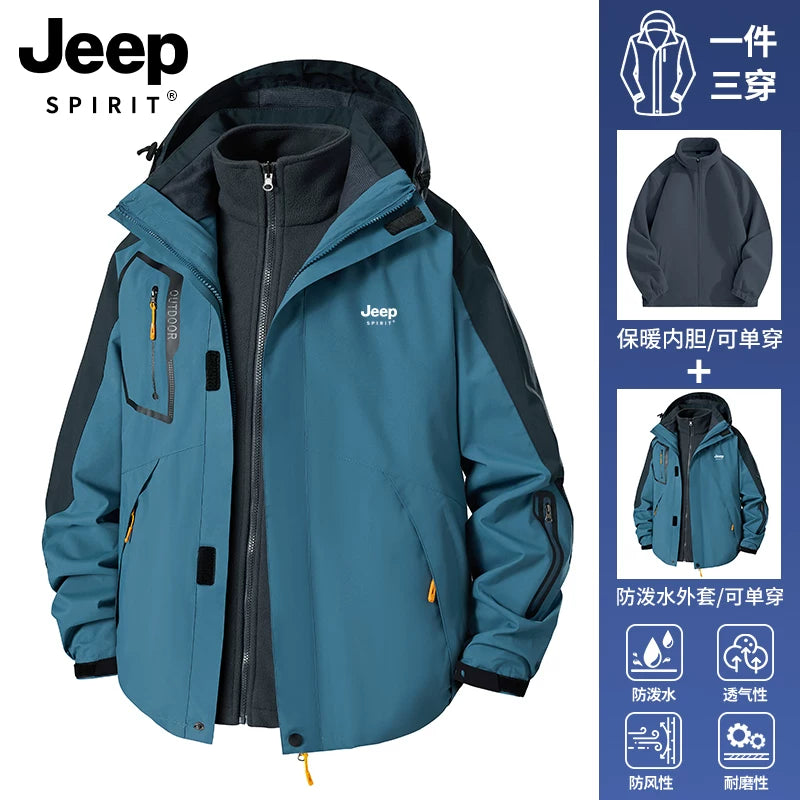 JEEP Kişilər üçün 2025-ci il Yeni Model Yaz, Payız və Qış Üçlü Birdə Yun Astarlı Qalın Kişi Üst Geyimləri