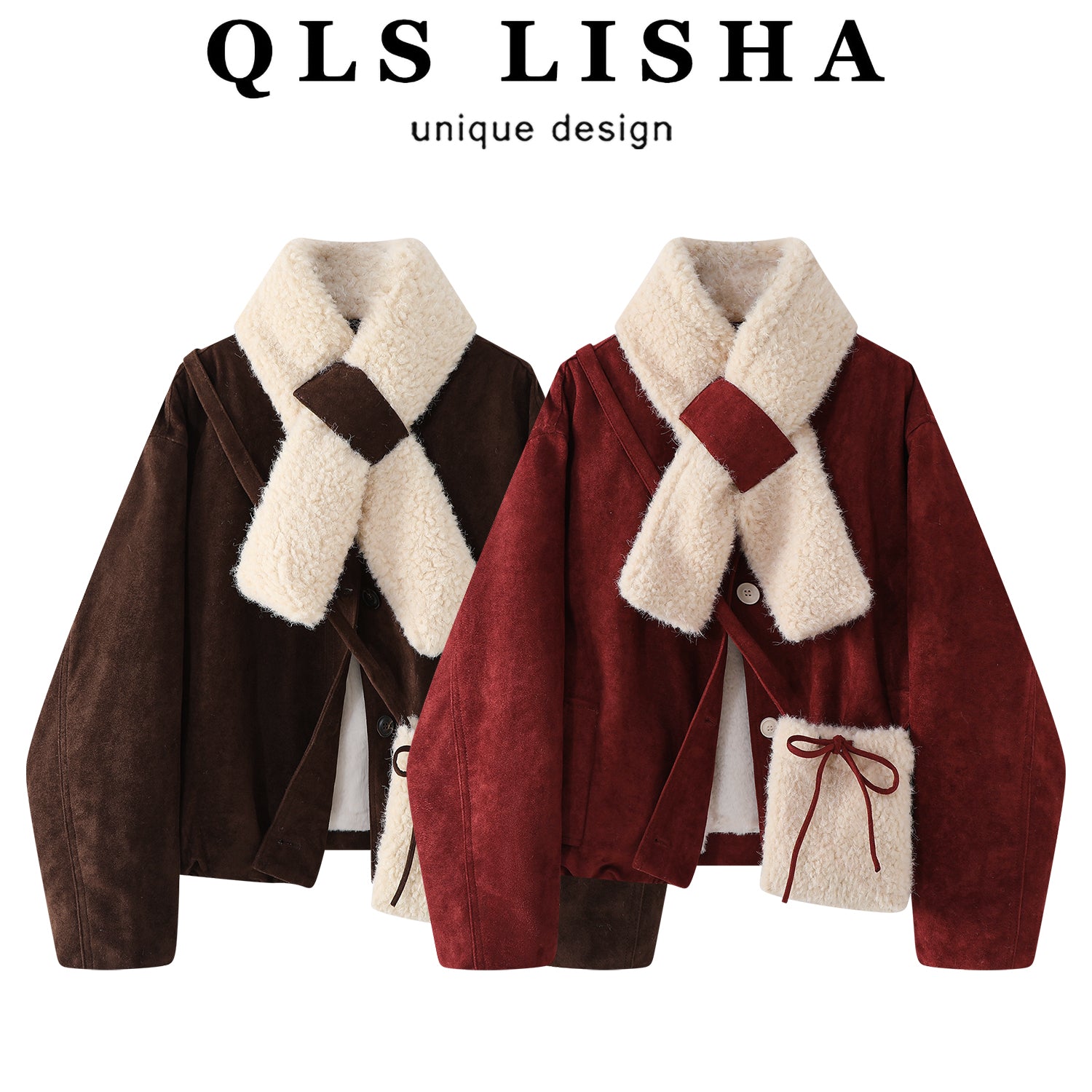 Cholisa'nın qadınlar üçün super şirin qırmızı retro zamşa quzu yun motosiklet pambıq paltosu, payız və qış, yun astarlı və qalınlaşdırılmış.