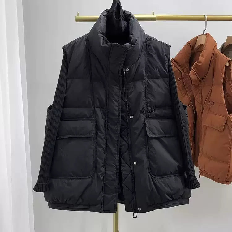 Qadın pambıqdan hazırlanmış jilet, 2026 payız/qış, böyük ölçüdə, Koreya üslubunda, geniş və dəbli, üst geyim üçün uyğundur.