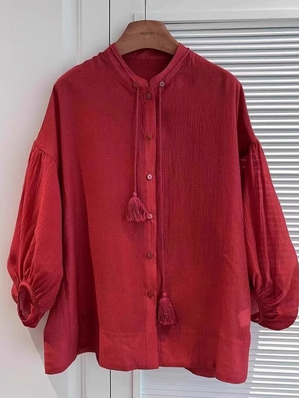 Qadın üçün yüksək keyfiyyətli qırmızı günəşdən qoruyucu köynək, nazik və böyük ölçülü, geniş, dörddə üç hissəli qol, retro Çin üslublu top.