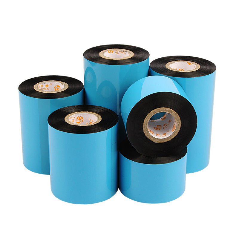 Gücləndirilmiş qarışıq əsaslı mum əsaslı lent rulonu 110x300m 100 90 80 70 60 50 40mm termal ötürücü barkod etiket printeri tam qatran su ilə yuyulmuş mis lövhə etiket kağızı lent 30