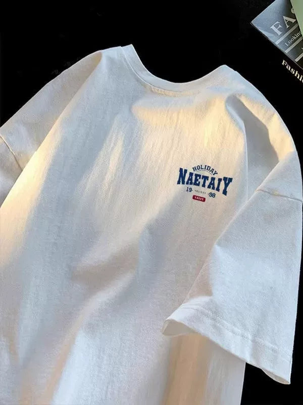 100% ağır pambıq hərfli kişi köynəyi qısaqol yay boş Amerika moda markası ins2026 yeni beş dörddəbir qollu top