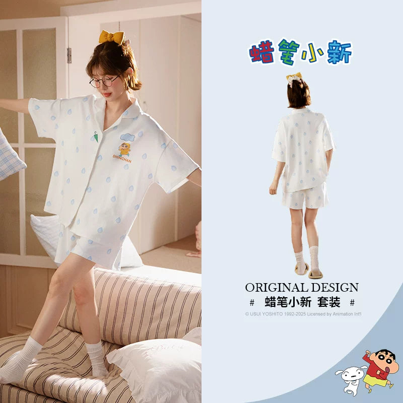 Gongdie [sərin tip] Crayon Shin-chan cüt pijama qadın qısaqol təmiz pambıq böyük ölçülü kişi hırka ev geyimi yay
