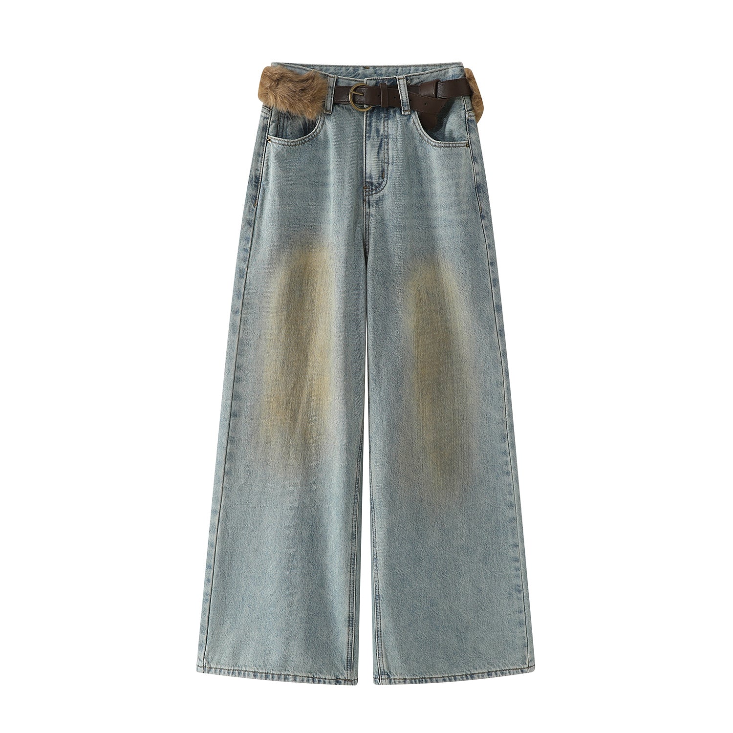 Chorissa Amerika üslubunda qadınlar üçün yüksək belli, qısaqol cins şalvar, payız və qış, unikal dizayn, retro, düz ayaq, boş forma, enli şalvar.