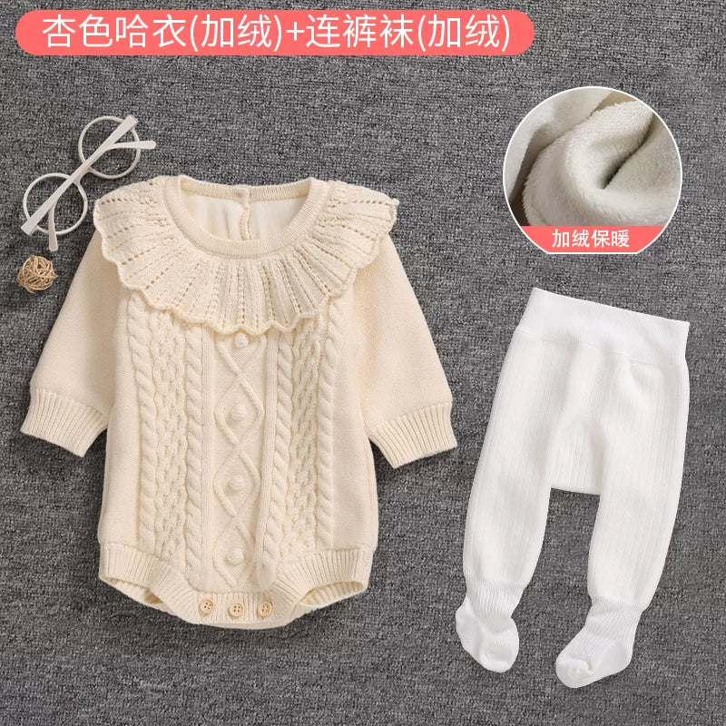 Qız uşağı üçün qış sviteri, yun astarlı, yeni doğulmuş/tam aylıq körpə geyimləri, şahzadə stilində şık romper, ilk ad günü dəsti, qırmızı.