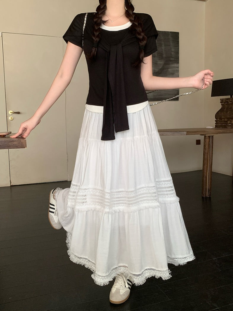 Artıq ölçülü qadınlar üçün yüksək belli, püsküllü A-xəttli ətək, yeni yay stili, artıq ölçülü qadınlar üçün gözəl və arıqladıcıdır.