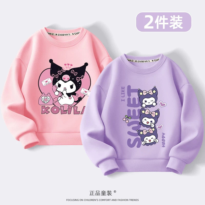 Kuromi Qızlar üçün Sweatshirt Payız/Qış 2024 Yeni Model Dəbli, Yun Astarlı Kürək Yaxalı Top Qızlar və Böyük Uşaqlar üçün
