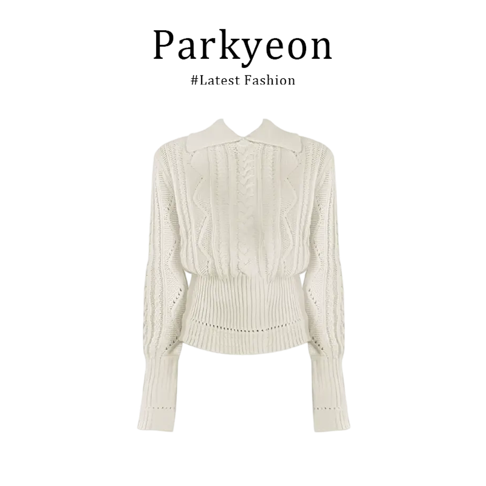 Parkyeon Korean style high-quality collar hollow long-sleeved knitted shirt and cargo straight-leg casual pants two-piece set