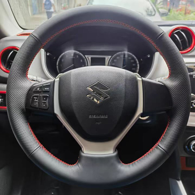 Suzuki Vitara steering wheel cover, genuine leather, 2017 model, hand-stitched, full coverage.