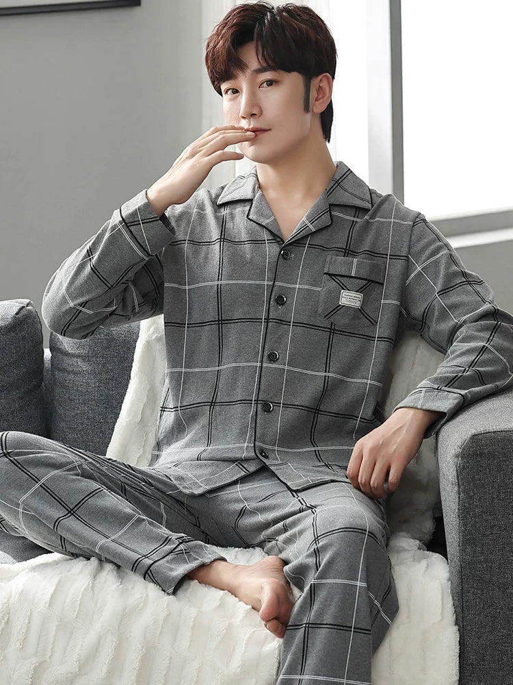 Langsha Kişilər üçün Təmiz Pambıq Pijama 2025 Yeni Yaz və Payız Nazik Uzunqollu Böyük Ölçülü Payız və Qış Kişilər üçün Ev Geyimləri Dəsti