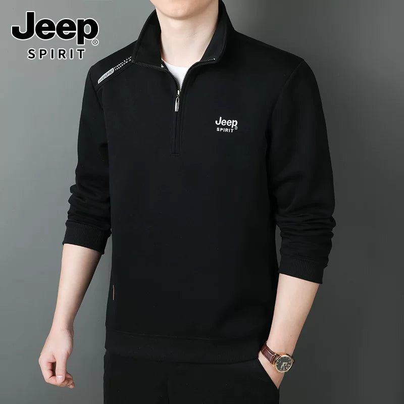 JEEP 2025 Payız Kişi Sviteri, Boş Forma, Dayaqlı Yaxalıq, Uzun Qol, Əsas Qat, Yarım Fermuarlı Top