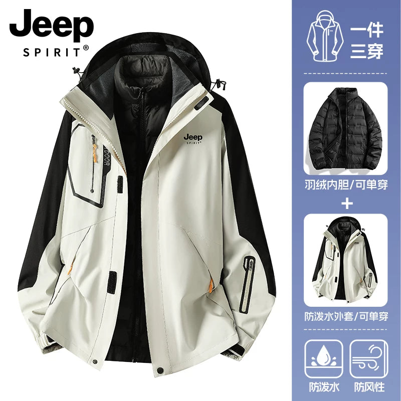 JEEP Kişilər üçün 2025-ci il Yeni Model Yaz, Payız və Qış Üçlü Birdə Yun Astarlı Qalın Kişi Üst Geyimləri