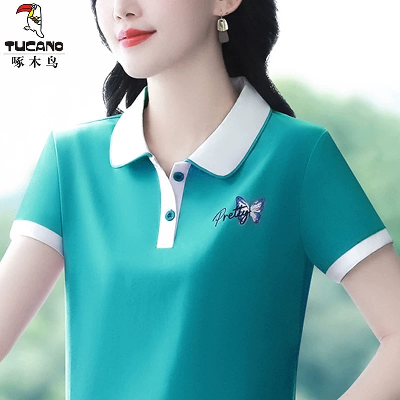 Clearance Pickup Woodpecker Orijinal Satılır Pambıq POLO Köynək Qısaqol Yay Çox Yönlü Moda İncə Rahat T-Shirt Qadınlar üçün