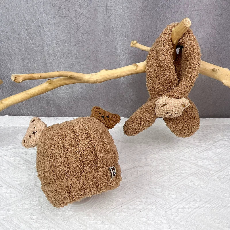 Körpə papağı və şarfı iki hissəli dəst, şirin ayı körpəsi qulaqcıqlı papaq, qalın və isti, oğlan və qızlar üçün, payız və qış üçün idealdır.