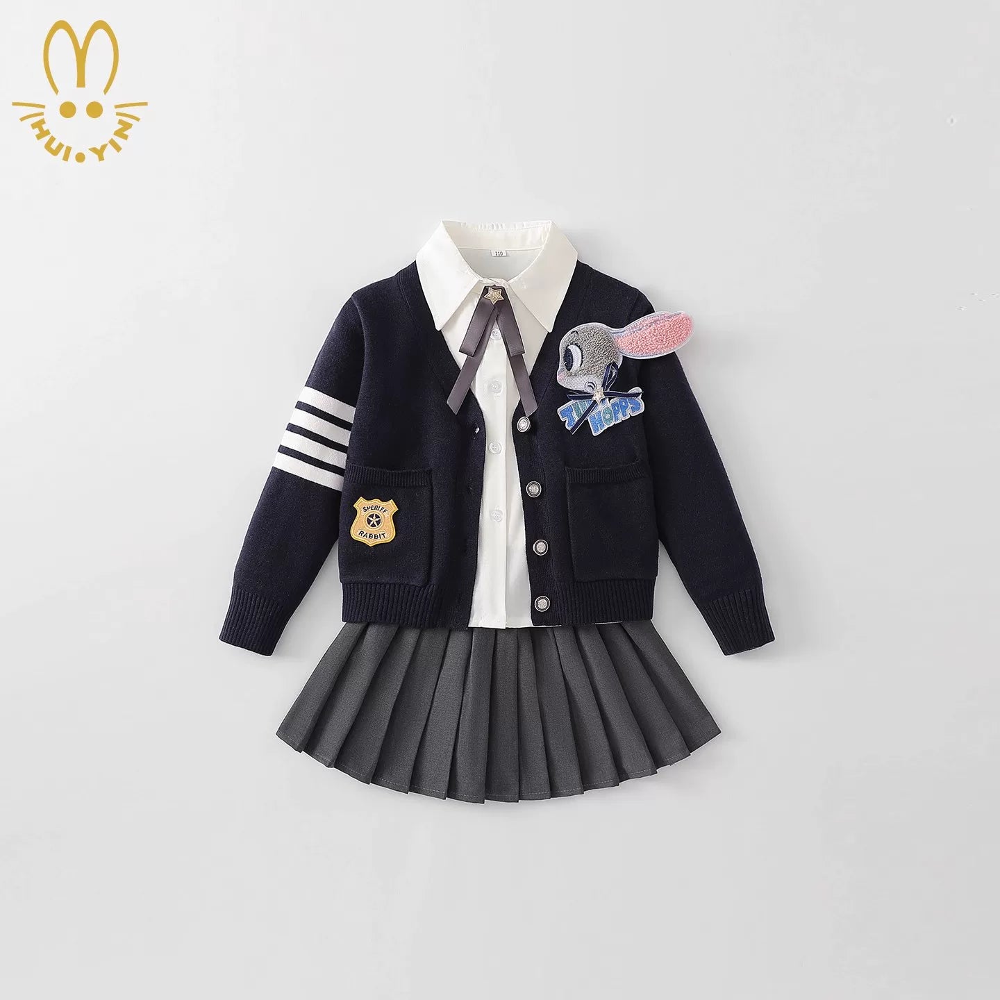 Yeni payız üslubunda qızlar üçün dovşan polis məmuru sviteri üç hissəli dəst, JK ətəyi, dəbli payız və qış uşaq ad günü geyimləri