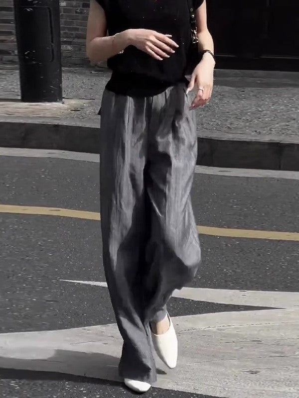 Qadın kətan gündəlik şalvarı, yay üçün nazik model, böyük ölçüdə, arıqladıcı, armud formalı, geniş və rahat, yerə qədər uzanan şalvar