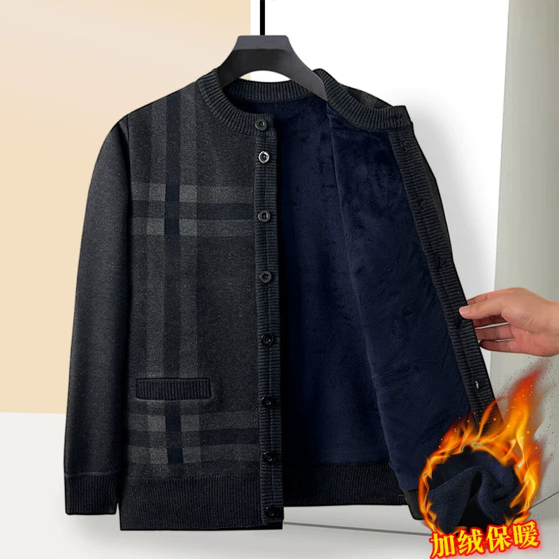 Payız və qış qalın flis hırka, orta və yaşlı insanlar üçün isti, dairəvi yaxalı düyməli toxunma sviter palto, baba köynəyi