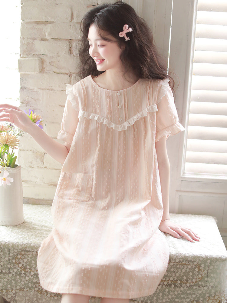 Qadınlar üçün gecəlik yay şahzadə üslubunda qısaqol 2026 yay yeni pijama təmiz pambıq doka şirin girly pambıq ev paltarı