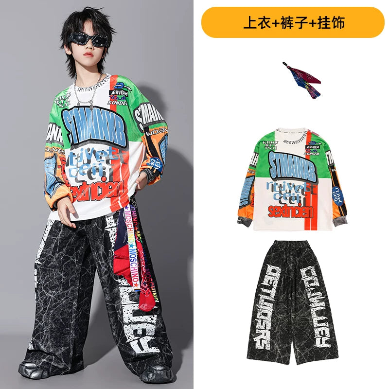 Uşaq küçə rəqsi tamaşası kostyumu, oğlan və qızlar üçün hip-hop üslubunda küçə tərzi geyimi, Yeni il günü üçün sərin və dəbli tamaşa geyimi.