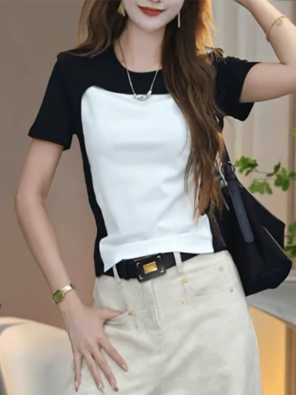 Qadınlar üçün Böyük Ölçülü Yay Yeni Saf Pambıq Nişa Rəngli Bloklu Qəşəng Qısa Qollu Futbolka, Qarın Örtmək və Arıqlamaq üçün Dizayn Edilib