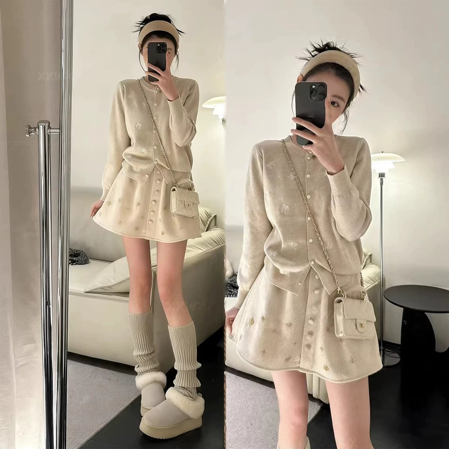 Erkən yaz Koreya üslubunda geyim: Chanel-dən ilhamlanmış yumşaq hırka və zəngin bəzəkli mini ətəkdən ibarət iki hissəli tam dəst.