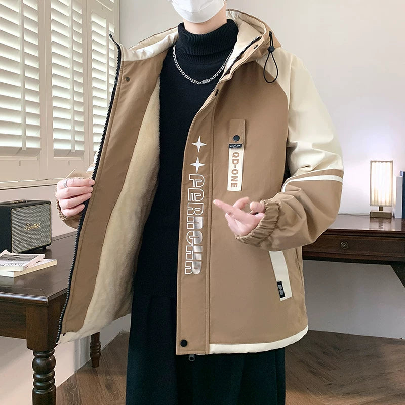 Yun astarlı və qalınlaşdırılmış kişi pambıqlı palto, dəbli Koreya üslubunda başlıqlı pambıqlı gödəkçə, şık, çox yönlü və isti kişi pambıqlı geyimləri