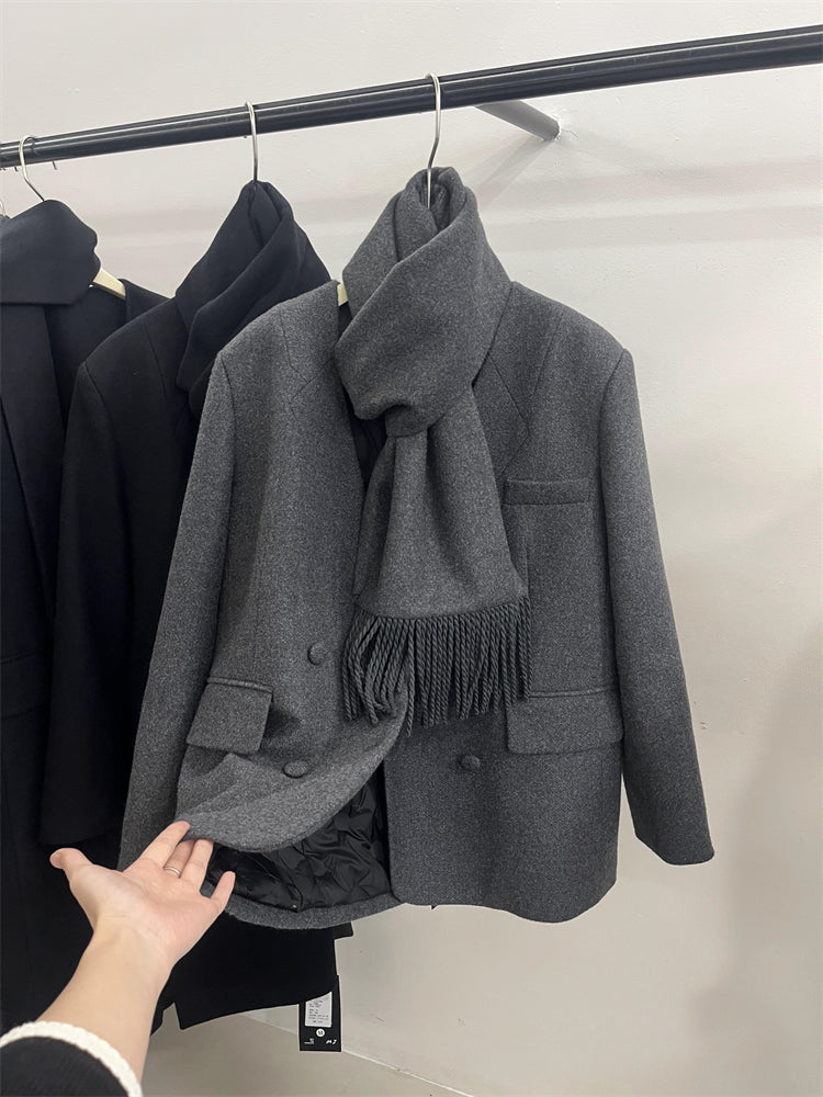 Koreya üslubunda qadınlar üçün ikiqat sinəli şərf kostyumu aşağı gödəkçə, kiçik bədənli qadınlar üçün yüksək səviyyəli qış üslubu, zərif ağ ördək rəngli yun palto.