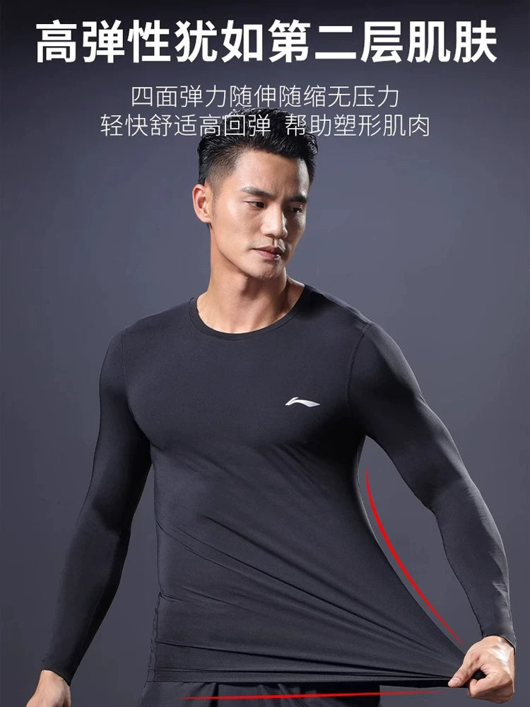 Li Ning tayt kişi qaçış tez quruyan idman kostyumu fitnes kostyumu futbol basketbolu uzunqol məşq kostyumu top
