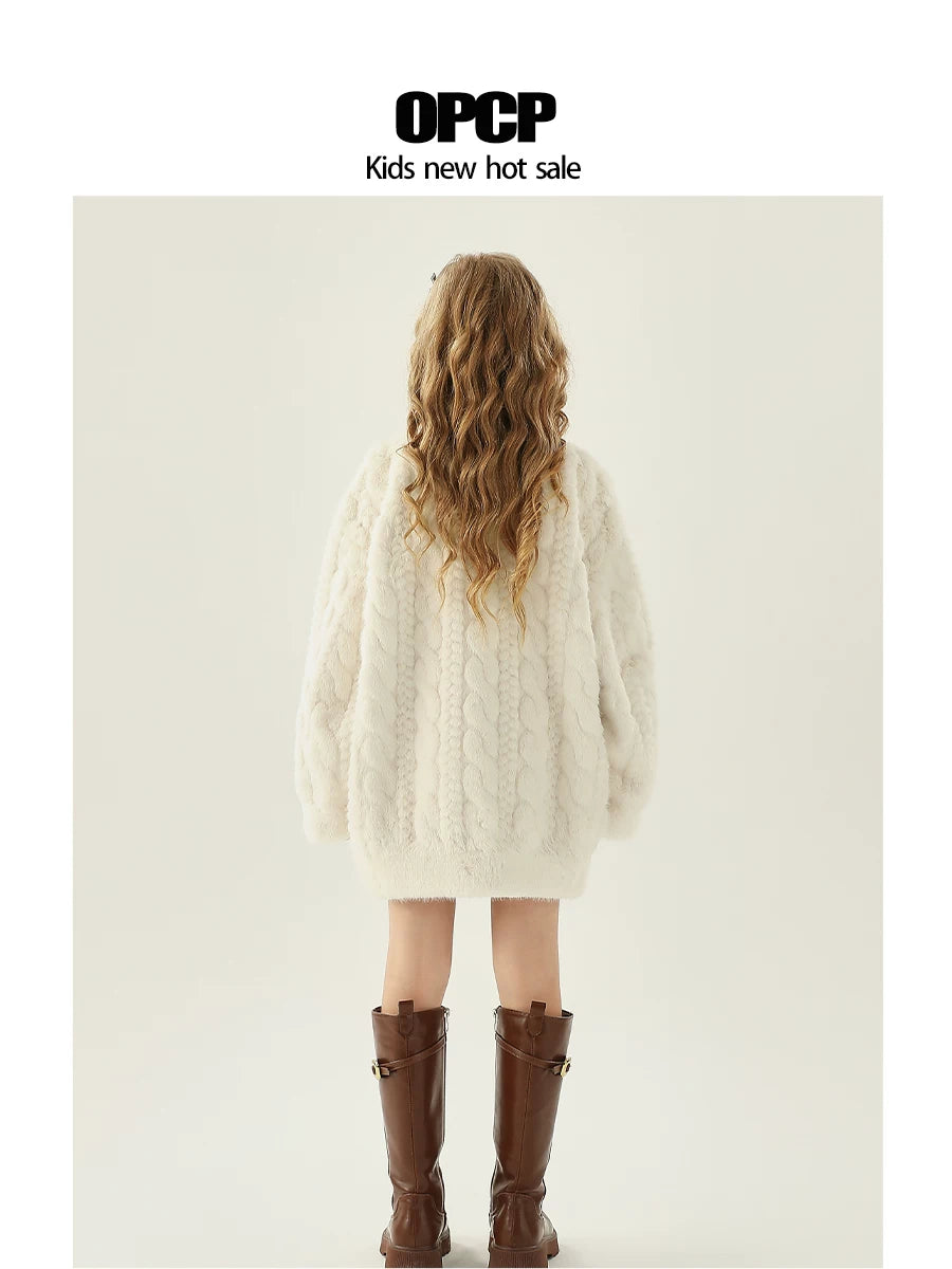 OPCP Uşaq Xəz Paltosu, Yeni Payız/Qış Modeli, Qızlar üçün Kabel Örgü Naxışlı Süni Mink Qısa Kardiqan