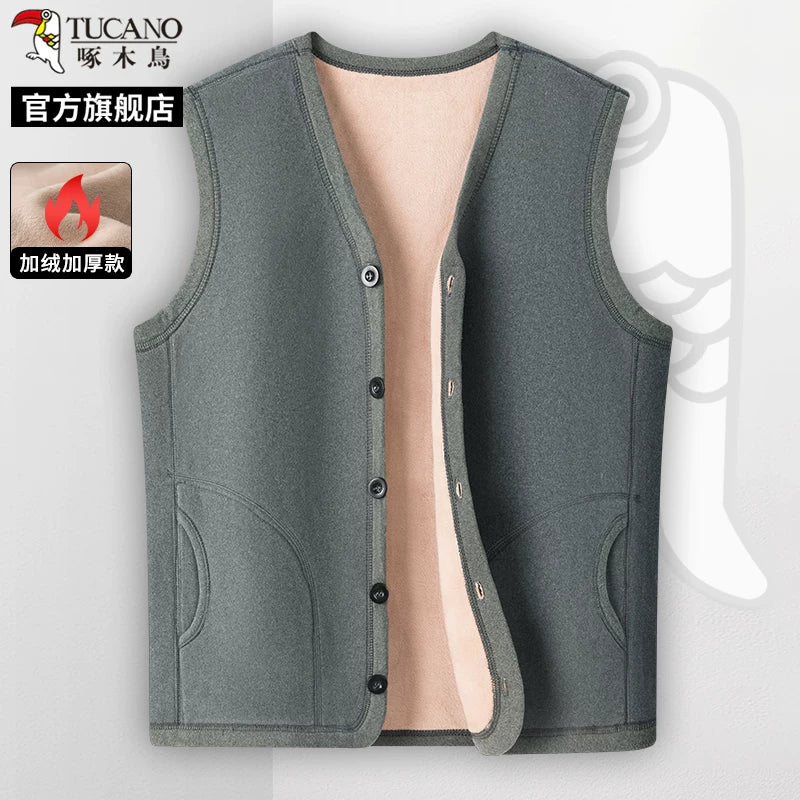 Woodpecker 2025 Qış Yeni Kişilər üçün Yun Astarlı Qalın Jilet, Orta Yaşlı və Yaşlı Atalar Üçün Üst Geyim, İsti Jilet C