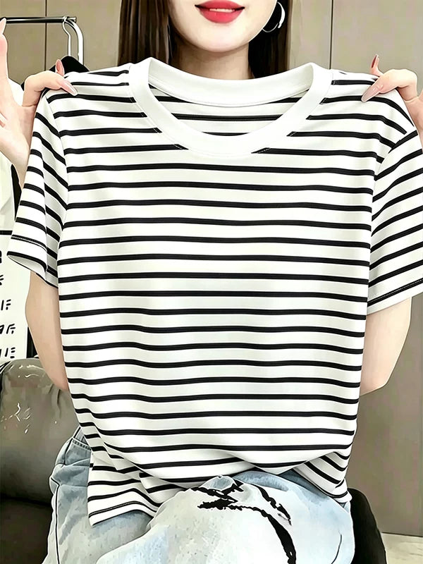 2026 Yeni Zolaqlı Qısaqol Qadın T-shirti Saf Pambıq Moda Çox Yönlü Boş Böyük Ölçülü Gündəlik Top Ana Yay Stili