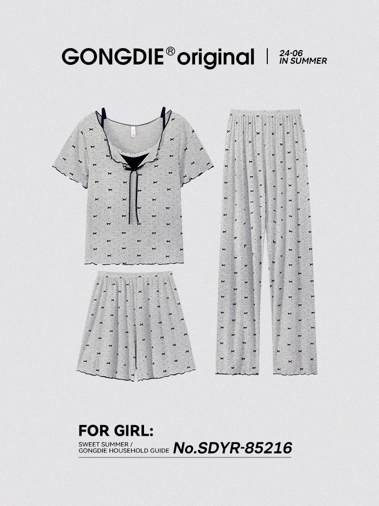 Gongdie [3 parça dəst] pijama qadın qısaqol şalvar sinə yastığı krujevalı sevimli yay ev geyimi dəsti yay