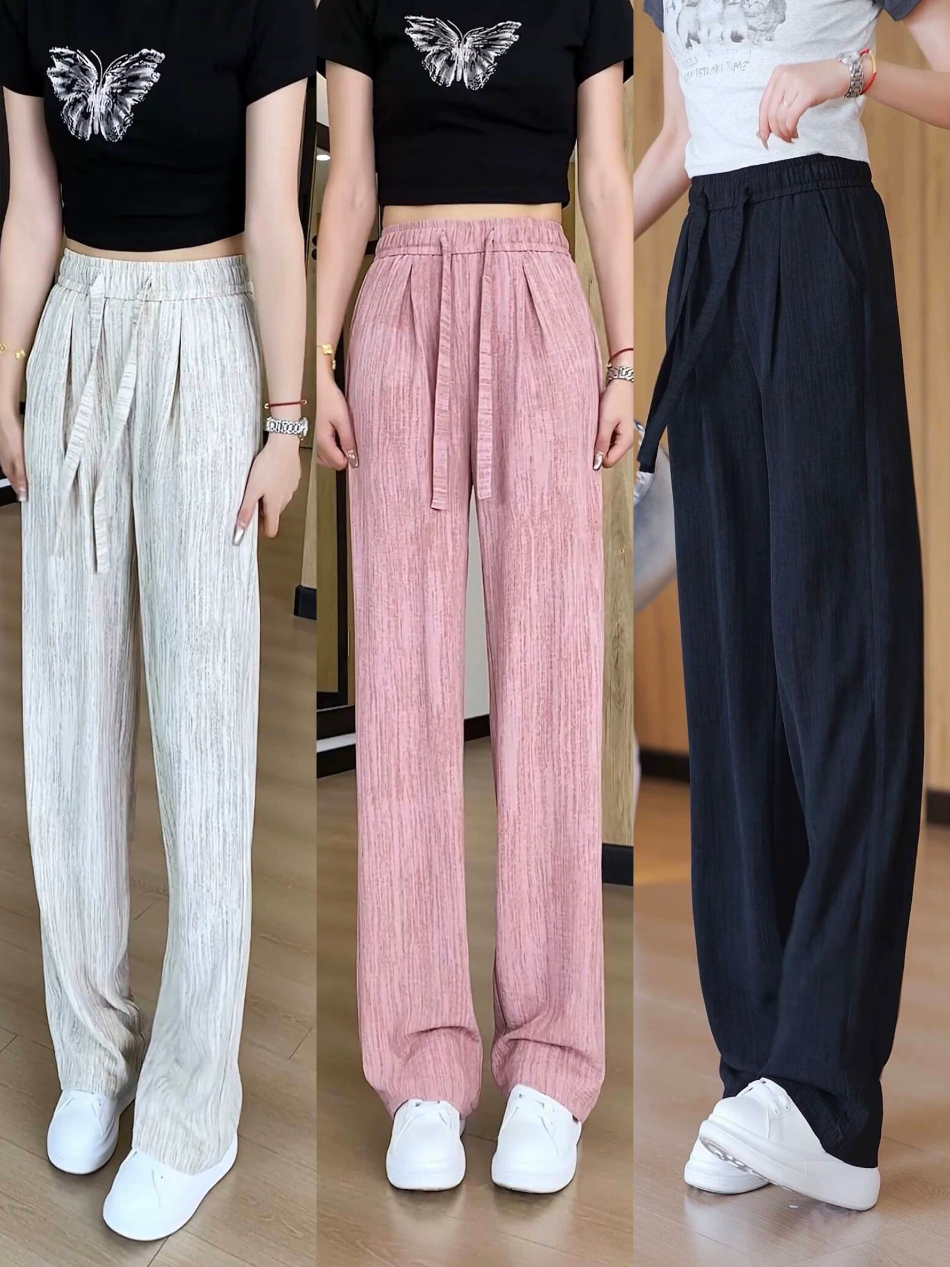 Tencel pambıq və kətandan yayda qadınlar üçün enli pambıq şalvar, kiçik insanlar üçün nazik, hündürbel və drape, ağ buz ipəkdən düz ayaqlı tənbəl təmizləyici şalvar.