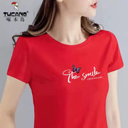 Clearance Pickup Woodpecker Mall Çıxarılır Yay Təmiz Pambıq Qısaqol Dəyirmi Yakalı Qadın T-shirti Böyük Ölçü Slim Fit Top