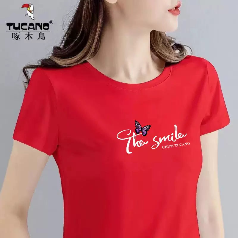 Clearance Pickup Woodpecker Mall Çıxarılır Yay Təmiz Pambıq Qısaqol Dəyirmi Yakalı Qadın T-shirti Böyük Ölçü Slim Fit Top
